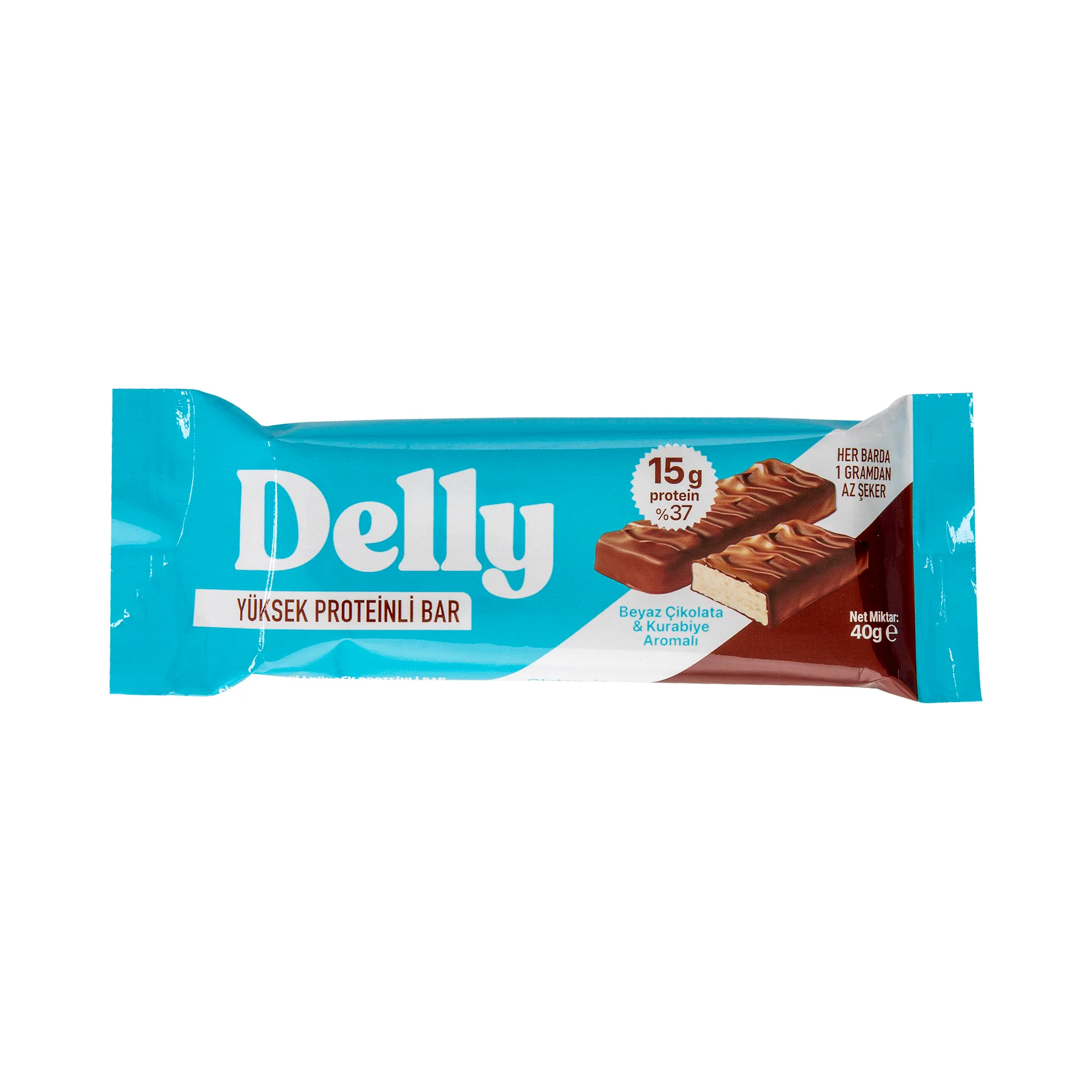 Delly Beyaz Çikolata ve Kurabiye Aromalı, Çikolata Kaplı, Yüksek Protein Bar