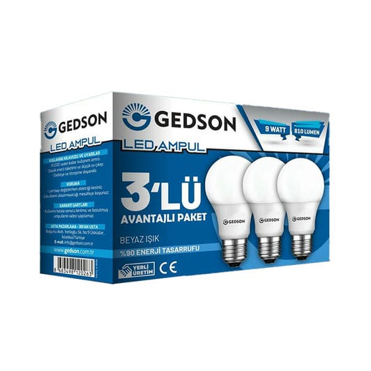 Gedson Led Ampul E27 9W-60W Beyaz Işık 3'Lü