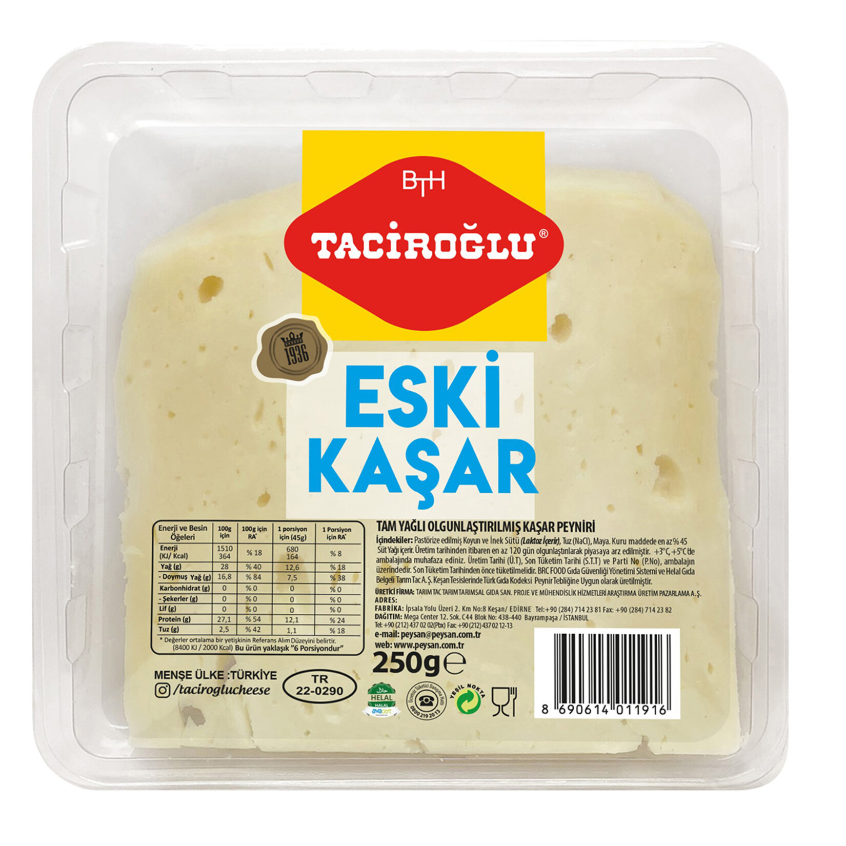 Taciroğlu Tam Yağlı Olgunlaştırılmış Eski Kaşar Peynir 250 G
