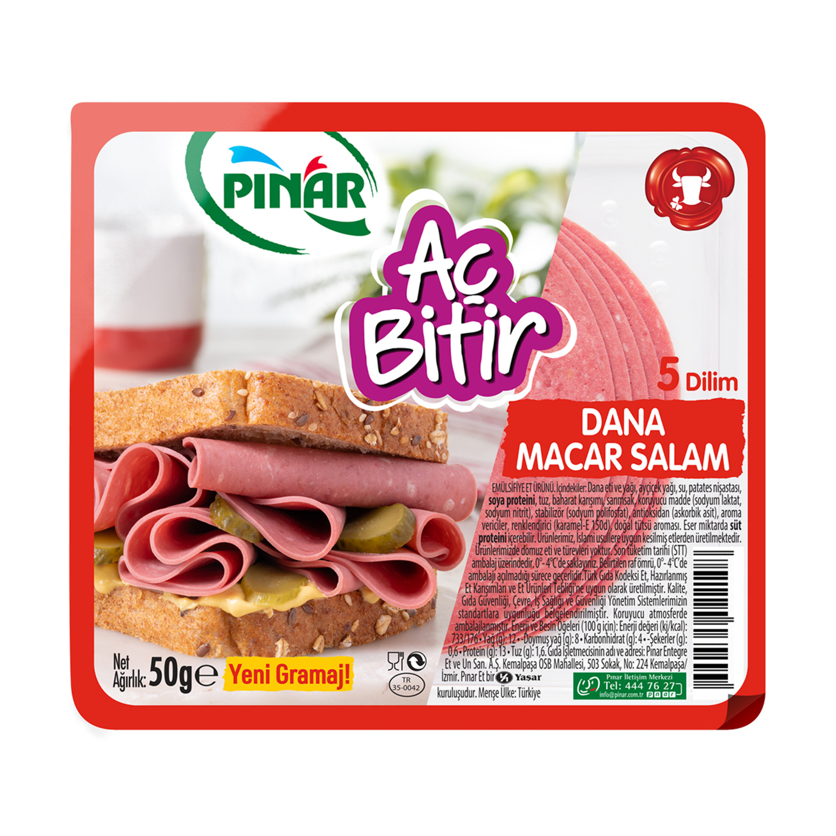 Pınar Aç Bitir Dana Macar Salam Büyük Dilim 50 G