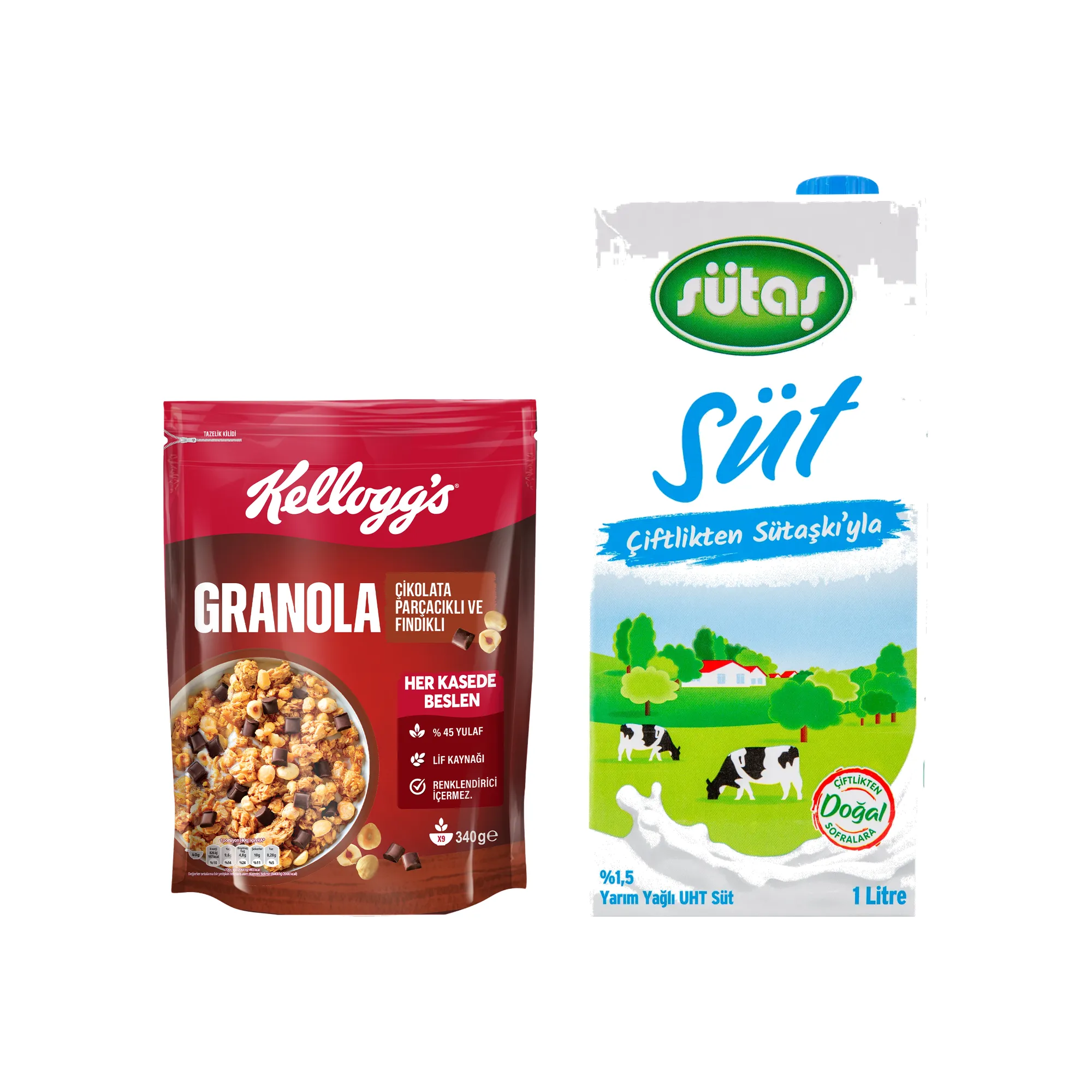 Kellogg's Granola Çikolatalı Fındıklı & Sütaş Yarım Yağlı Süt