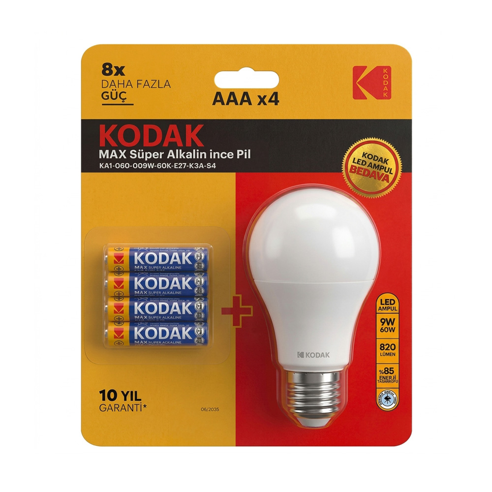 Kodak 4'lü Max Süper Alkaline İnce Pil AA - 9W Led Ampul Hediyeli