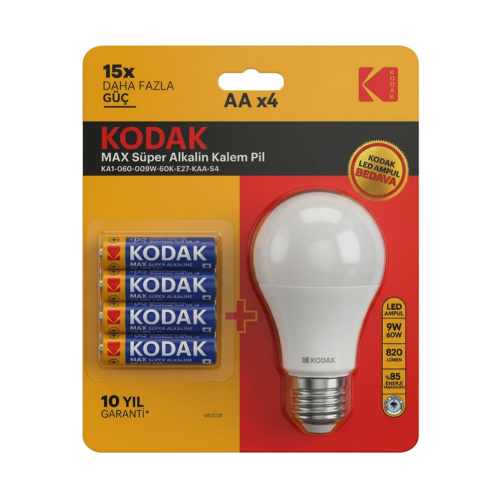 Kodak 4'lü Max Süper Alkaline Kalem Pil AA - 9W Led Ampul Hediyeli