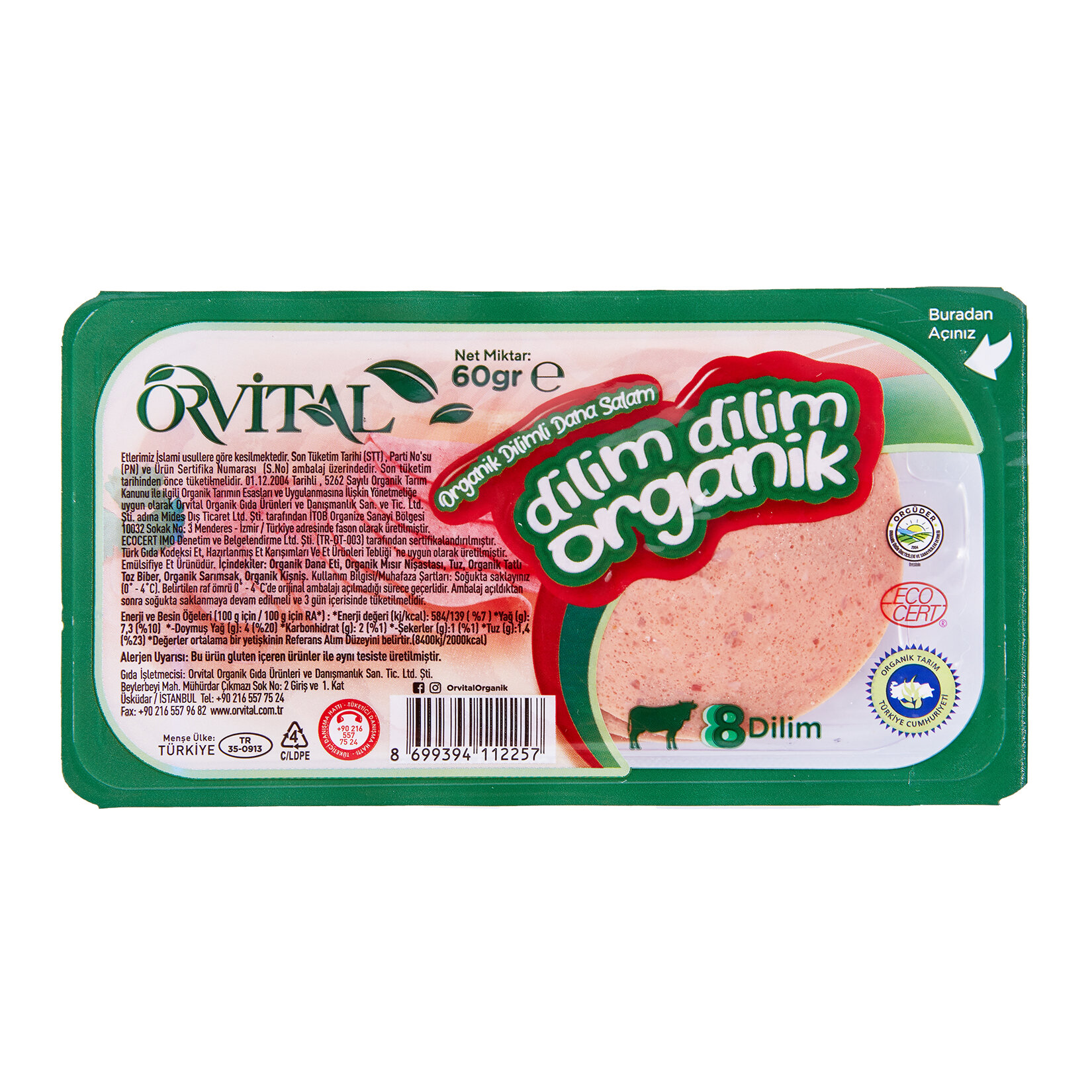Orvital Organik Dilimli Dana Salam 60G