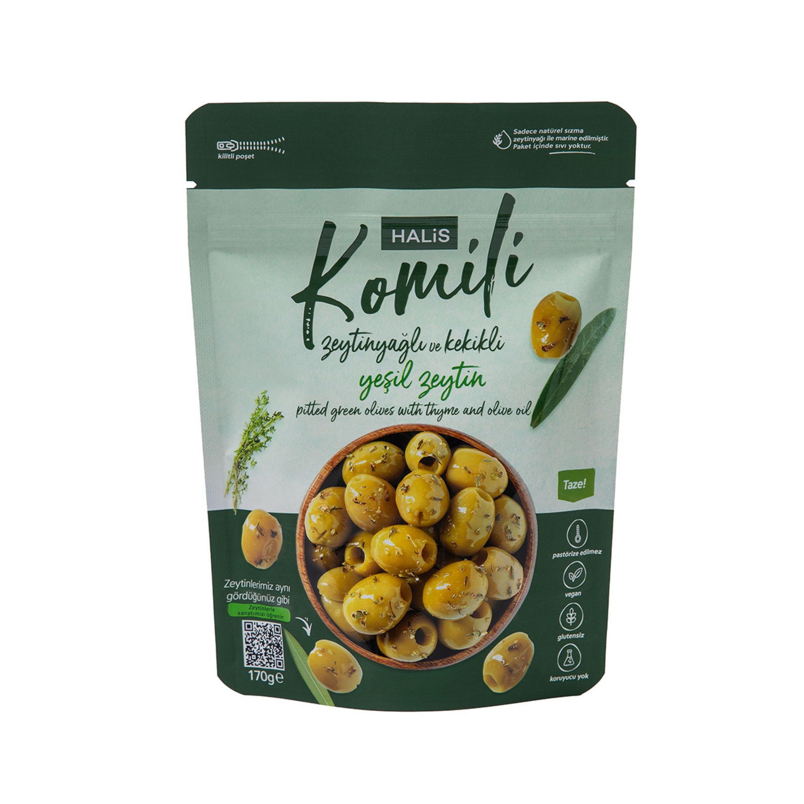 Halis Komili Çekirdeksiz Zeytinyağlı Kekikli Yeşil Zeytin 170G